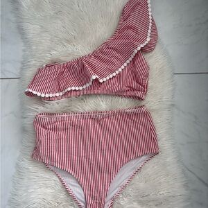 J. Crew Pink and Red Striped Swim Top